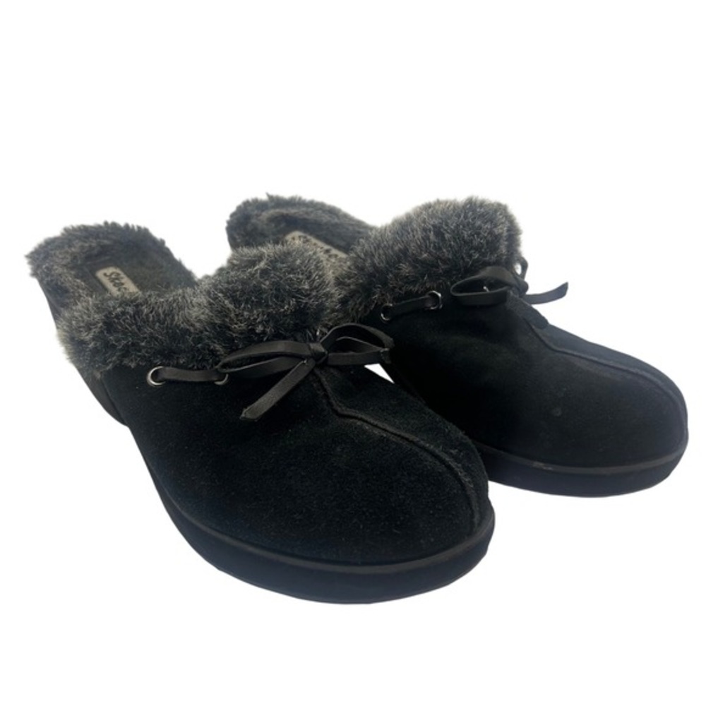 Skechers‎ Black Suede Faux Fur Platform Clog MulesVintage Style Womens 11
